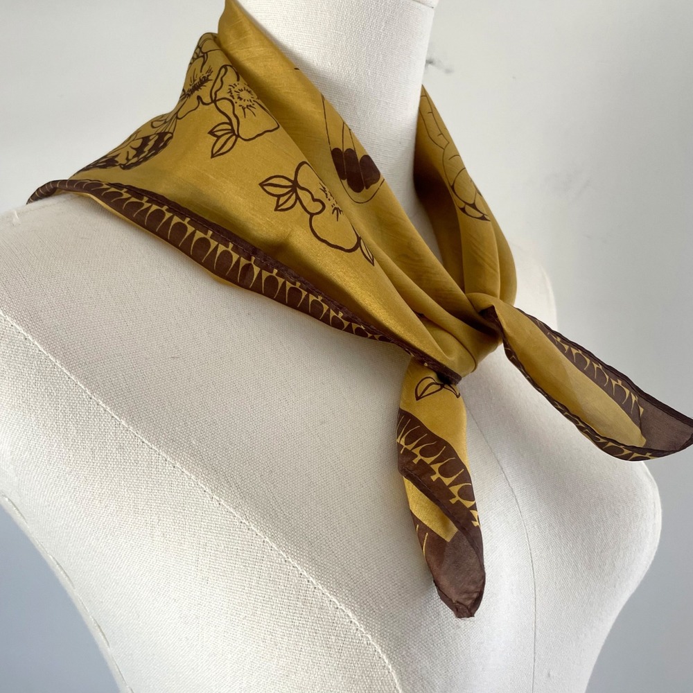 Bulova Square Silk Scarf Mustard Yellow Butterfly Rolled Edge Old Money Vintage